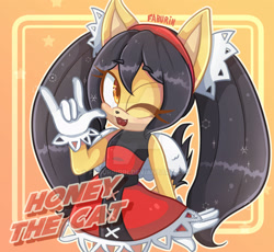 Size: 1920x1767 | Tagged: safe, artist:faburin, artist:faburinrin, honey the cat, devil horns (gesture), one fang, watermark, wink