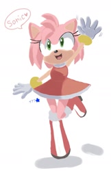 Size: 1200x1852 | Tagged: safe, artist:sakura_2739, amy rose, amy's halterneck dress, dialogue, waving