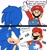 Size: 1923x2048 | Tagged: safe, artist:domestic maid, sonic the hedgehog, hedgehog, human, comic, crossover, dialogue, duo, english text, featured image, laughing, looking back, mario, nervous, parody, pointing, sega nintendo rivalry, signature, simple background, speech bubble, sweatdrop, toy story, white background