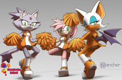 Size: 1024x672 | Tagged: suggestive, artist:nancher, amy rose, blaze the cat, rouge the bat, cheerleader outfit, looking at viewer, panties, pompom, upskirt