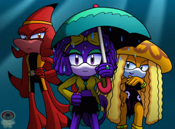 Size: 2797x2064 | Tagged: safe, artist:moon-phantom, blade the shark, opal the jellyfish, princess undina, looking at viewer, parasol