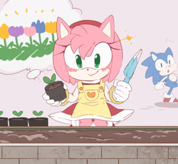 Size: 1681x1548 | Tagged: safe, artist:msg02, amy rose, sonic the hedgehog, amy's halterneck dress, gardening