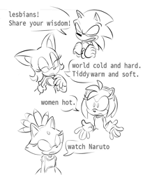 Size: 1045x1276 | Tagged: safe, artist:billybbuckaroo, amy rose, blaze the cat, rouge the bat, sonic the hedgehog, amy's halterneck dress, blaze's tailcoat, dialogue, meme, rouge's heart top