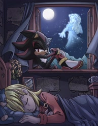 Size: 2500x3243 | Tagged: safe, artist:aideneye, hope kintobor, maria robotnik, shadow the hedgehog, 30 days sonic, flower, moon, nighttime, sleeping