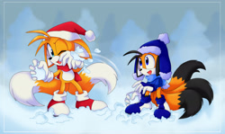 Size: 2500x1489 | Tagged: safe, artist:montyth, miles "tails" prower, oc, oc:tony the fox, fox, christmas, christmas outfit, duo, floppy ears, scarf, snow, snowball, snowball fight, three tails