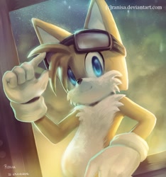 Size: 922x983 | Tagged: safe, artist:ranisa, miles "tails" prower, featured image, goggles, no outlines, signature, solo