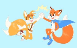 Size: 1400x872 | Tagged: safe, artist:kipa-tan, miles "tails" prower, belt, blue background, blushing, cape, crack shipping, crossover, crossover shipping, duo, fangs, gay, goggles, high five, luckails, lucky swiftail, shipping, simple background, super lucky's tale