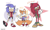 Size: 500x302 | Tagged: source needed, safe, artist:alomoria, knuckles the echidna, miles "tails" prower, sonic the hedgehog, abstract background, character name, gender swap, signature, smile, standing, team sonic, trio, v sign