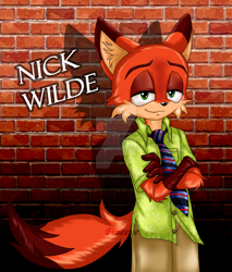 Size: 1280x1502 | Tagged: safe, artist:silveralchemist09, oc, fox, arms folded, bricks, lidded eyes, mobianified, nick wilde, solo, tie, watermark, zootopia