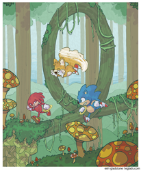 Size: 1000x1213 | Tagged: safe, artist:erin gladstone, knuckles the echidna, miles "tails" prower, sonic the hedgehog, 2017, flying, mushroom, mushroom hill, ring, running, sonic the hedgehog 3, spinning tails, vines