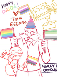 Size: 1280x1707 | Tagged: safe, artist:mapleydoodles, cubot, orbot, robotnik, aromantic pride, bisexual pride, flag, gay pride, genderfluid pride, hat, heart, nonbinary pride, party hat, pride, robot, simple background, sketch, team eggman, thumbs up, waving, white background