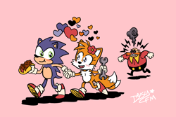 Size: 1000x667 | Tagged: safe, artist:coyotecoyote, miles "tails" prower, robotnik, sonic the hedgehog, angry, blushing, chili dog, femboy, flower, hearts, pink background, redesign, signature, simple background, spanner, walking