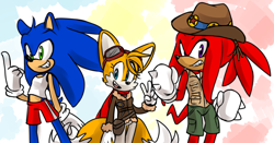 Size: 1280x671 | Tagged: safe, artist:sp-rings, knuckles the echidna, miles "tails" prower, sonic the hedgehog, abstract background, belt, flight jacket, gender swap, goggles, hat, looking at viewer, ponytail, scarf, team sonic, team sonica, tomboy, v sign