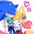 Size: 1080x1082 | Tagged: artist needed, source needed, safe, miles "tails" prower, sonic the hedgehog, abstract background, blushing, cute, duo, flowers, gender swap, hearts, hugging, lesbian, r63 shipping, shipping, skirt, sonabetes, sonic x tails, tailabetes