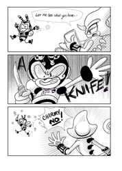 Size: 1024x1442 | Tagged: safe, artist:snowantoinette, charmy bee, espio the chameleon, black and white, comic, dialogue, knife, manga, meme, panels