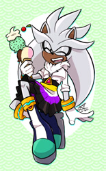 Size: 594x960 | Tagged: safe, artist:sonicbrainrot, silver the hedgehog, abstract background, belt, blushing, cherry, fangs, ice cream, nonbinary pride, pride, signature, skirt