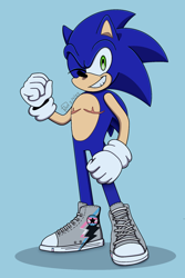 Size: 1200x1800 | Tagged: dead source, safe, artist:xxyloto, sonic the hedgehog, hedgehog, 2022, alternate shoes, blue background, clenched fists, clenched teeth, gloves, looking at viewer, male, modern sonic, redraw, shoes, simple background, smile, solo, standing, top surgery scars, trans boy sonic, trans male, transgender, wink