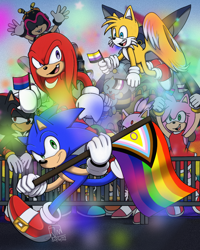 Size: 1080x1350 | Tagged: dead source, safe, artist:xxyloto, amy rose, big the cat, blaze the cat, charmy bee, cheese (chao), cream the rabbit, knuckles the echidna, miles "tails" prower, shadow the hedgehog, silver the hedgehog, sonic the hedgehog, vector the crocodile, 2022, abstract background, asexual pride, bisexual pride, daytime, demisexual pride, everyone is here, eyes closed, flag, flying, group, holding something, modern amy, modern knuckles, modern sonic, modern style, modern tails, mouth open, nonbinary pride, outdoors, polysexual pride, pride, pride flag, progress pride, railing, running, signature, smile, spinning tails, standing, wall of tags