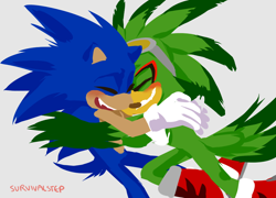 Size: 1170x843 | Tagged: dead source, safe, artist:survivalstep, jet the hawk, sonic the hedgehog, blushing, boots, clenched teeth, duo, eyes closed, gay, gloves, grey background, hugging, jet x sonic, lineless, mouth open, no outlines, shipping, simple background, socks