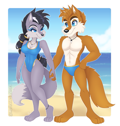 Size: 831x870 | Tagged: safe, artist:metalpandora, lupe the wolf, beach, bikini, duo, lobo the wolf, swimsuit