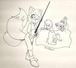 Size: 1573x1408 | Tagged: safe, artist:twisted-wind, miles "tails" prower, oc, oc:lilliac, oc:twisted tails, oc:zenox, 2011, adult, banner, cheering, female, fencing sword, gender swap, holding something, looking at them, looking at viewer, male, mario & sonic at the olympic games, mouth open, older, simple background, smile, solo focus, traditional media, trio, wink