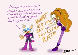 Size: 2048x1431 | Tagged: safe, artist:brogararts, rouge the bat, adagio dazzle (mlp), dialogue, duo, kazumi evans, voice actor joke