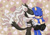 Size: 1280x891 | Tagged: safe, artist:nyku7, infinite the jackal, sonic the hedgehog, 2020, abstract background, clenched teeth, duo, eyes closed, gay, hearts, holding each other, kiss on cheek, male, males only, neck fluff, shipping, smile, sonfinite, standing