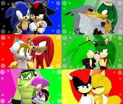 Size: 1280x1081 | Tagged: safe, artist:luvanddeathinall, espio the chameleon, jet the hawk, knuckles the echidna, mighty the armadillo, miles "tails" prower, ray the flying squirrel, shadow the hedgehog, sonic the hedgehog, storm the albatross, vector the crocodile, 3d, abstract background, gay, group, incest, knuxails, manic the hedgehog, manourge, mightay, scouranic, shadow x sonic, shipping, stormjet, vecpio