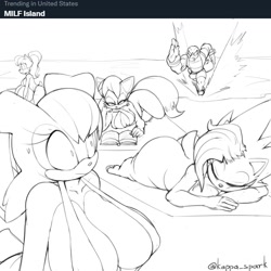 Size: 1200x1200 | Tagged: suggestive, artist:kappa spark, bernadette hedgehog, lady alicia acorn, rosemary prower, vanilla the rabbit, vector the crocodile, beach, beach ball, busty vanilla, eyes on the prize, group, reading, running, sleeping, twitter