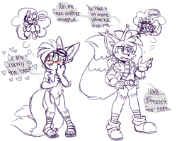 Size: 2048x1639 | Tagged: dead source, safe, artist:webbisnekki, charmy bee, miles "tails" prower, aged up, blushing, chaails, claws, dialogue, duality, duo, ear fluff, english text, gay, gloves off, goggles on head, looking up, monochrome, older, self paradox, shipping, simple background, sketch, standing, thinking, thought bubble, white background