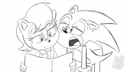 Size: 1920x1080 | Tagged: safe, artist:cybertoothcubs, sally acorn, sonic the hedgehog, book, cheek to cheek, duo, line art, reading