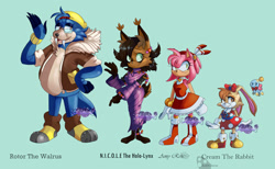 Size: 1139x702 | Tagged: safe, artist:chunichichuni, cheese (chao), cream the rabbit, nicole the hololynx, rotor walrus, group