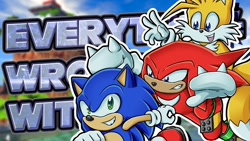 Size: 1280x720 | Tagged: safe, artist:chariii5, knuckles the echidna, miles "tails" prower, sonic the hedgehog, sonic heroes, abstract background, clenched teeth, english text, everything wrong with, gliding, looking at them, looking at viewer, male, males only, mouth open, outline, running, seaside hill, smile, team sonic, trio, v sign, youtube thumbnail