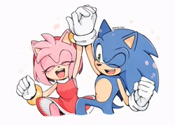 Size: 2048x1464 | Tagged: safe, artist:miisa_shion, amy rose, sonic the hedgehog, amy's halterneck dress, cheering, duo, holding hands, looking at them