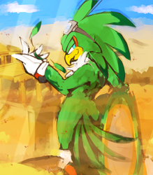 Size: 1000x1139 | Tagged: safe, artist:robotrigger, jet the hawk, clouds, extreme gear, feather, goggles, hawk, lidded eyes, looking back, sand ruins, signature, solo, sonic riders