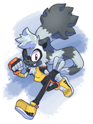 Size: 2266x3023 | Tagged: safe, artist:cynicallysly, tangle the lemur, abstract background, featured image, fist, looking at viewer, running, smile, solo, tangle's running suit, v sign, wink