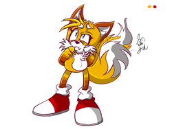 Size: 800x600 | Tagged: safe, artist:funstertime, miles "tails" prower, arm behind back, colored ears, fangs, fur markings, looking offscreen, redesign, signature, simple background, solo, white background