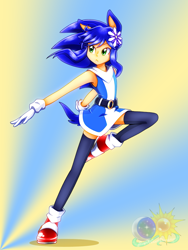 Size: 768x1024 | Tagged: safe, artist:animesonic2, sonic the hedgehog, human, bandana, belt, femboy, flower, gloves, gradient background, hedgehog ears, hedgehog tail, humanized, looking back, male, partially humanized, running, skirt, solo