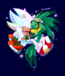 Size: 1120x1315 | Tagged: dead source, safe, artist:survivalstep, jet the hawk, sonic the hedgehog, blue background, blushing, duo, eyes closed, gay, goggles, holding them, hugging, hyper form, hyper sonic, jet x sonic, shipping, simple background, smile, sparkles