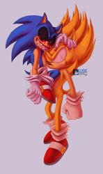 Size: 1024x1734 | Tagged: semi-grimdark, artist:classicmariposazul, sonic the hedgehog, oc, oc:sonic.exe, black sclera, bleeding from eyes, clenched teeth, crack shipping, duo, evil, fangs, fleetway sonic x sonic.exe, fleetway super sonic, frown, gay, grey background, holding them, looking at viewer, no outlines, red pupils, self paradox, selfcest, semi-selfcest, shipping, simple background, sonic x sonic, wink