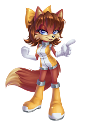 Size: 524x750 | Tagged: safe, artist:metalpandora, fiona fox, fox, boots, bow, clenched fist, fiona's jumpsuit, lidded eyes, looking at viewer, mouth open, pointing, simple background, solo, transparent background