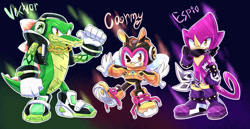 Size: 1243x643 | Tagged: safe, artist:y-firestar, charmy bee, espio the chameleon, vector the crocodile, bee, crocodile, lizard, chameleon, clenched fist, male, males only, redesign, scarf, team chaotix, trio, wink