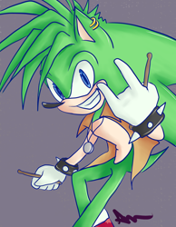 Size: 1400x1800 | Tagged: safe, artist:manicscloe, hedgehog, drumsticks, earring, grey background, holding something, horn sign, looking at viewer, manic the hedgehog, necklace, signature, simple background, smile, solo, spiked bracelet