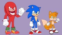 Size: 1920x1080 | Tagged: safe, artist:justin61894350, knuckles the echidna, miles "tails" prower, sonic the hedgehog, sonic the hedgehog 2 (2022), purple background, simple background, smile, standing, team sonic, trio