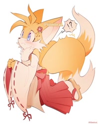 Size: 578x733 | Tagged: dead source, safe, artist:iiimirai, miles "tails" prower, fox, blushing, charm, exclamation mark, flower, gender swap, hands together, kimono, kneeling, looking offscreen, one fang, question mark, sandals, shocked, simple background, solo, tailabetes, the helpful fox senko-san, white background