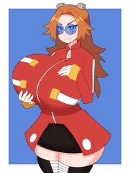 Size: 3000x4000 | Tagged: suggestive, artist:duskyer2, robotnik, oc, oc:eggma'am (ciosuii), human, gender swap, grin, hyper breasts, looking at viewer, solo