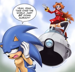 Size: 1200x1152 | Tagged: suggestive, artist:john joseco, robotnik, sonic the hedgehog, oc, oc:eggma'am (ciosuii), hedgehog, human, dialogue, eggmobile, gender swap, laughing, panties, upskirt