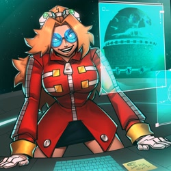 Size: 3840x3840 | Tagged: safe, artist:immrskull, robotnik, oc, oc:eggma'am (ciosuii), human, busty robotnik, gender swap, hologram screen, solo