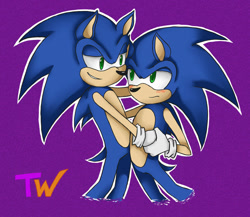 Size: 1024x890 | Tagged: safe, artist:tanyawind, sonic the hedgehog, hedgehog, abstract background, frown, gay, gloves, holding each other, lidded eyes, looking at each other, self paradox, selfcest, shipping, signature, smile, sonic x sonic