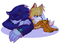 Size: 2700x2000 | Tagged: safe, artist:galaxy-pop, miles "tails" prower, sonic the hedgehog, barefoot, bracelet, brown tipped ears, chip's necklace, claws, duo, eyes closed, frown, fur markings, holding something, lidded eyes, looking at something, lying down, miles electric, outline, redesign, signature, simple background, sitting, sleeping, transparent background, werehog